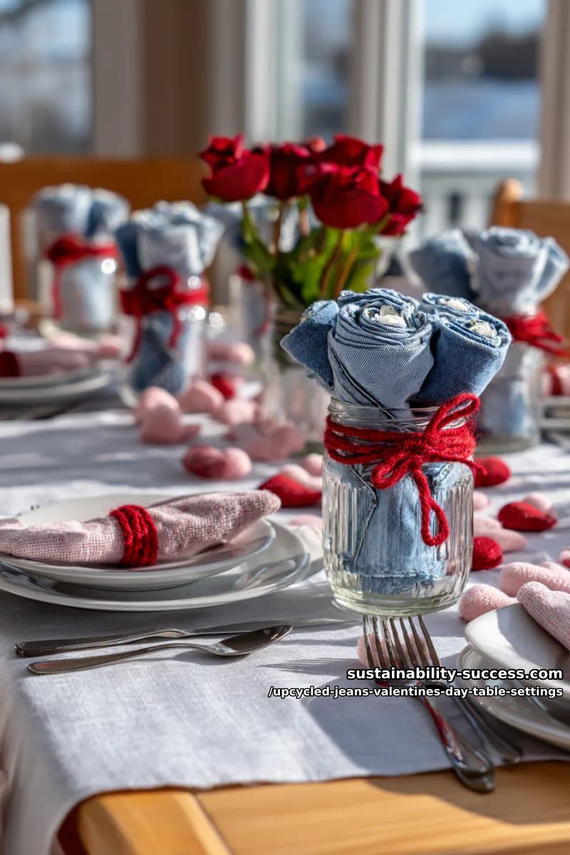 15 Trendy Upcycled Jeans Valentine Table Settings for a Romantic Vibe 26 rolled denim roses in glass jars wrapped with red yarn bows 1