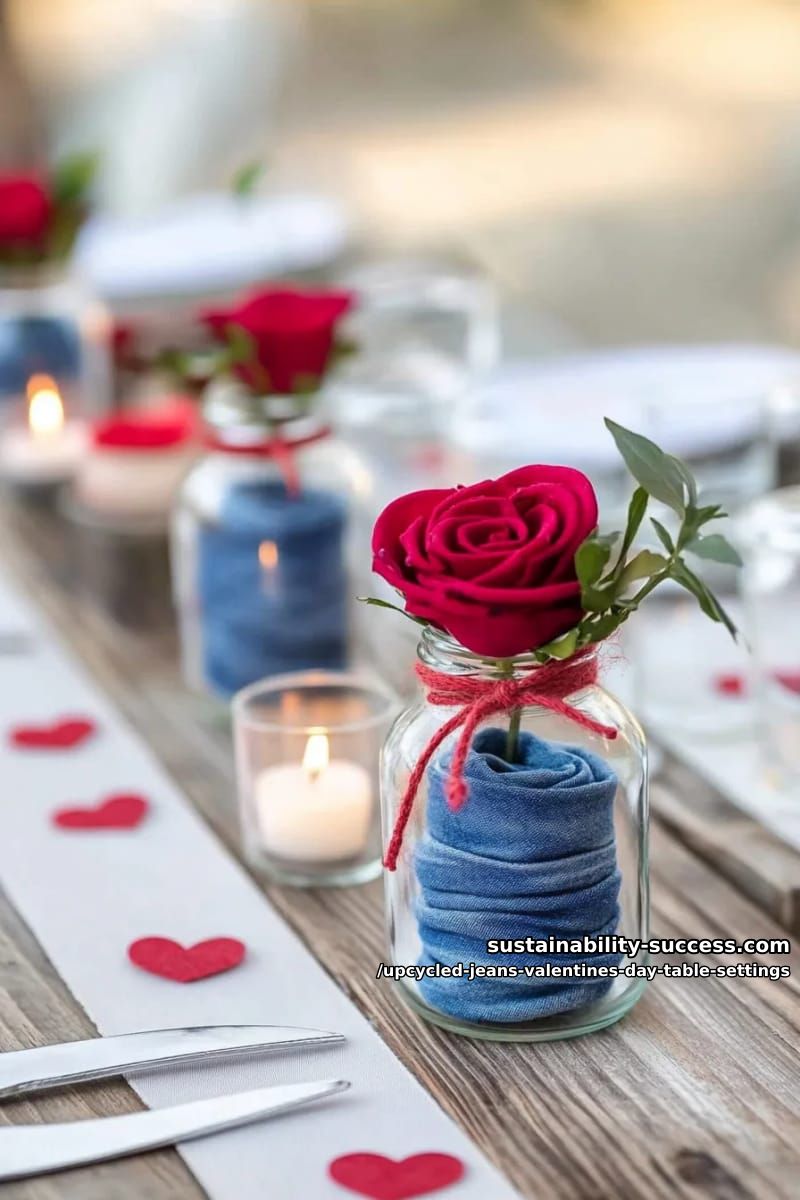 15 Trendy Upcycled Jeans Valentine Table Settings for a Romantic Vibe 27 rolled denim roses in glass jars wrapped with red yarn bows 1