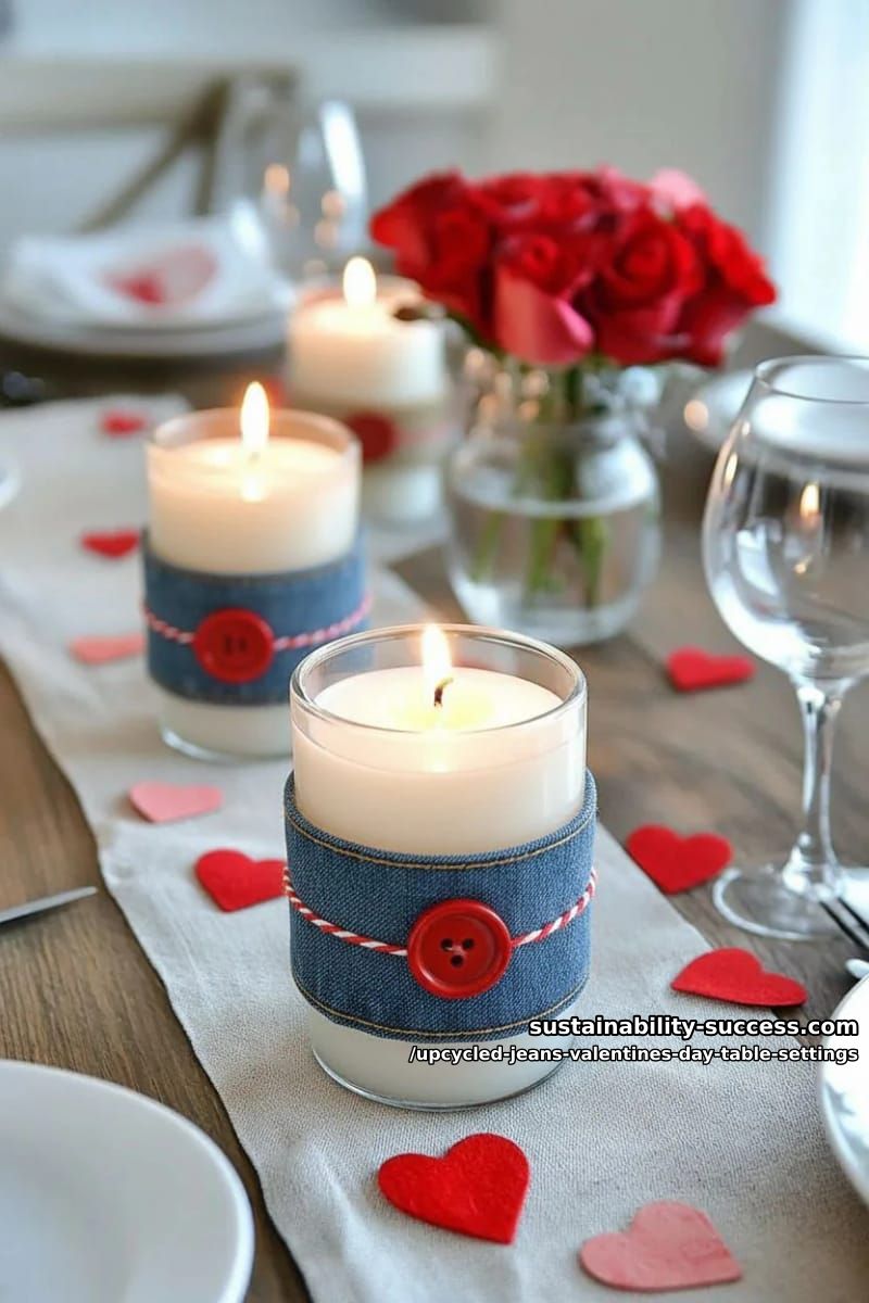 15 Trendy Upcycled Jeans Valentine Table Settings for a Romantic Vibe 32 romantic blue jean candle wraps with red button and twine accents 1
