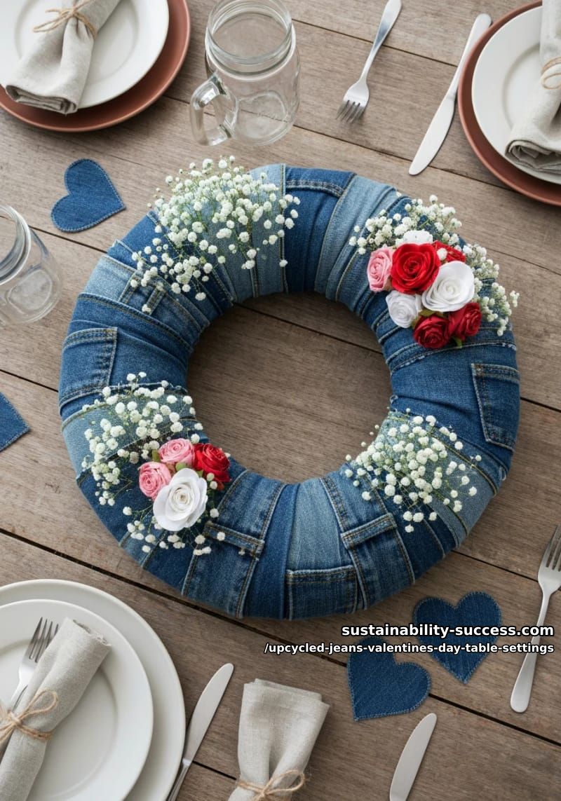 15 Trendy Upcycled Jeans Valentine Table Settings for a Romantic Vibe 14 rustic blue jean wreath centerpiece filled with baby’s breath and fabric roses 1