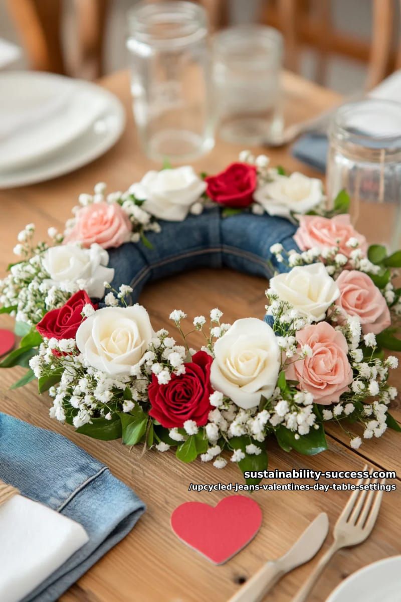 15 Trendy Upcycled Jeans Valentine Table Settings for a Romantic Vibe 15 rustic blue jean wreath centerpiece filled with baby’s breath and fabric roses 1