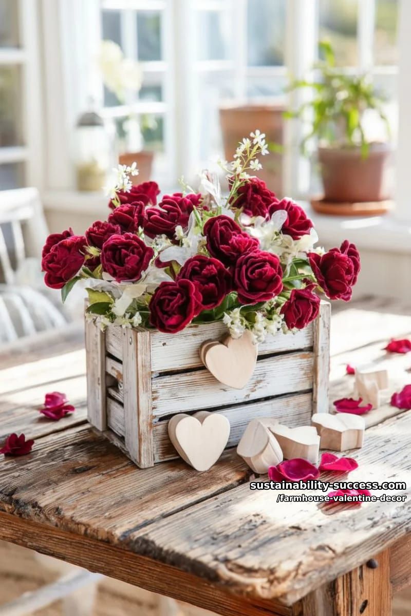 15 Must-Try Farmhouse Valentine Decor Ideas 16 rustic crate centerpiece overflowing with velvet roses and miniature wooden hearts 1
