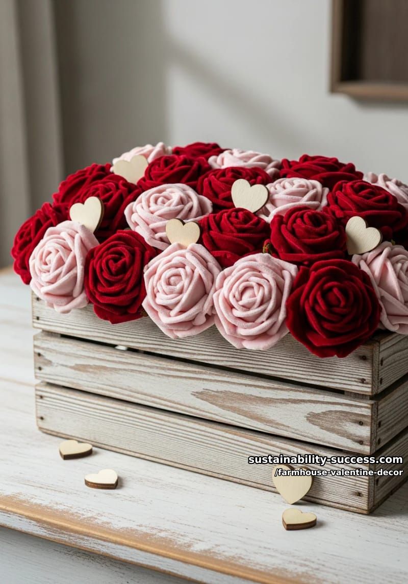 15 Must-Try Farmhouse Valentine Decor Ideas 17 rustic crate centerpiece overflowing with velvet roses and miniature wooden hearts 1
