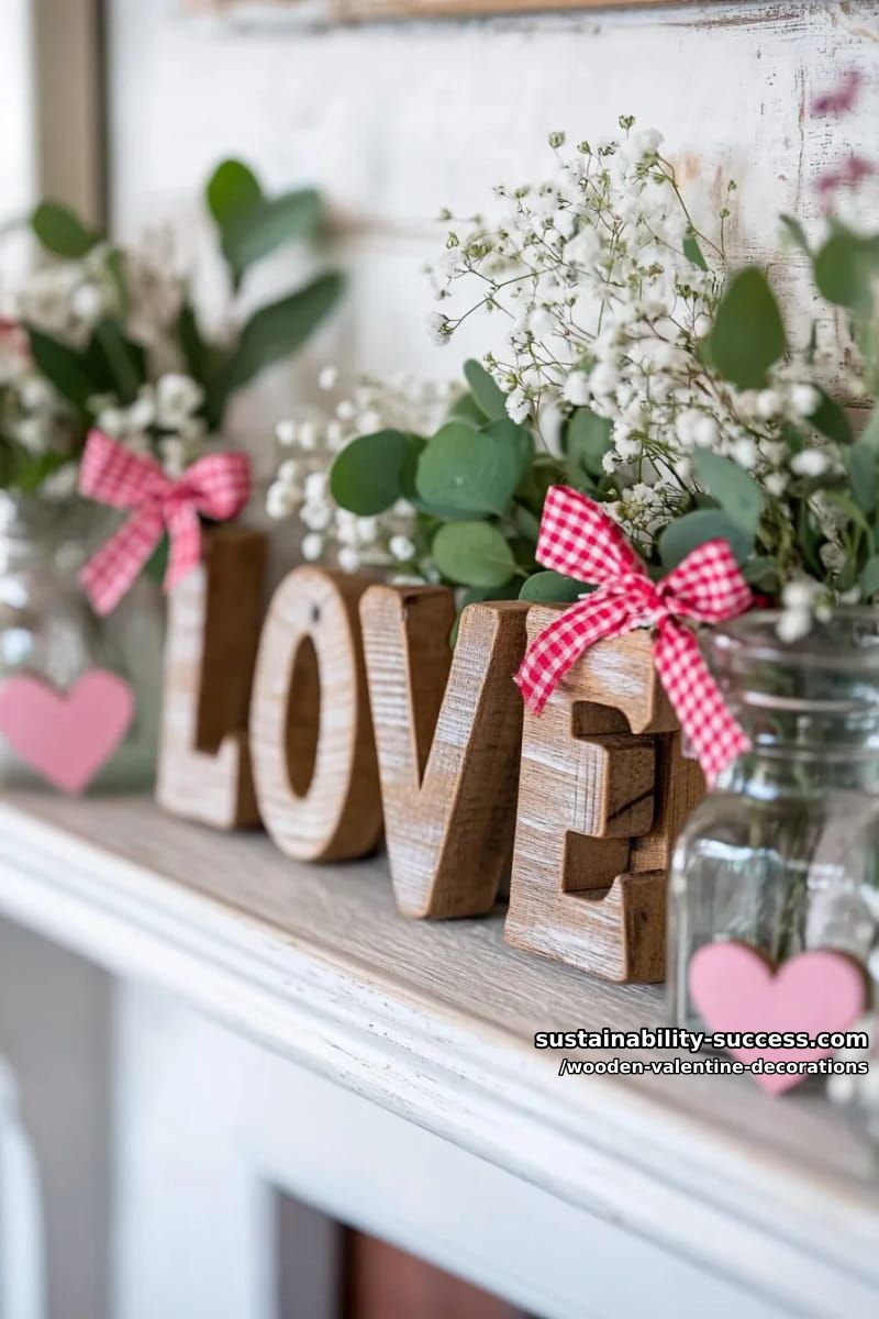 15 Elegant Wooden Valentine Decorations You’ll Love 7 rustic “love” block letters with red gingham ribbon bows 1