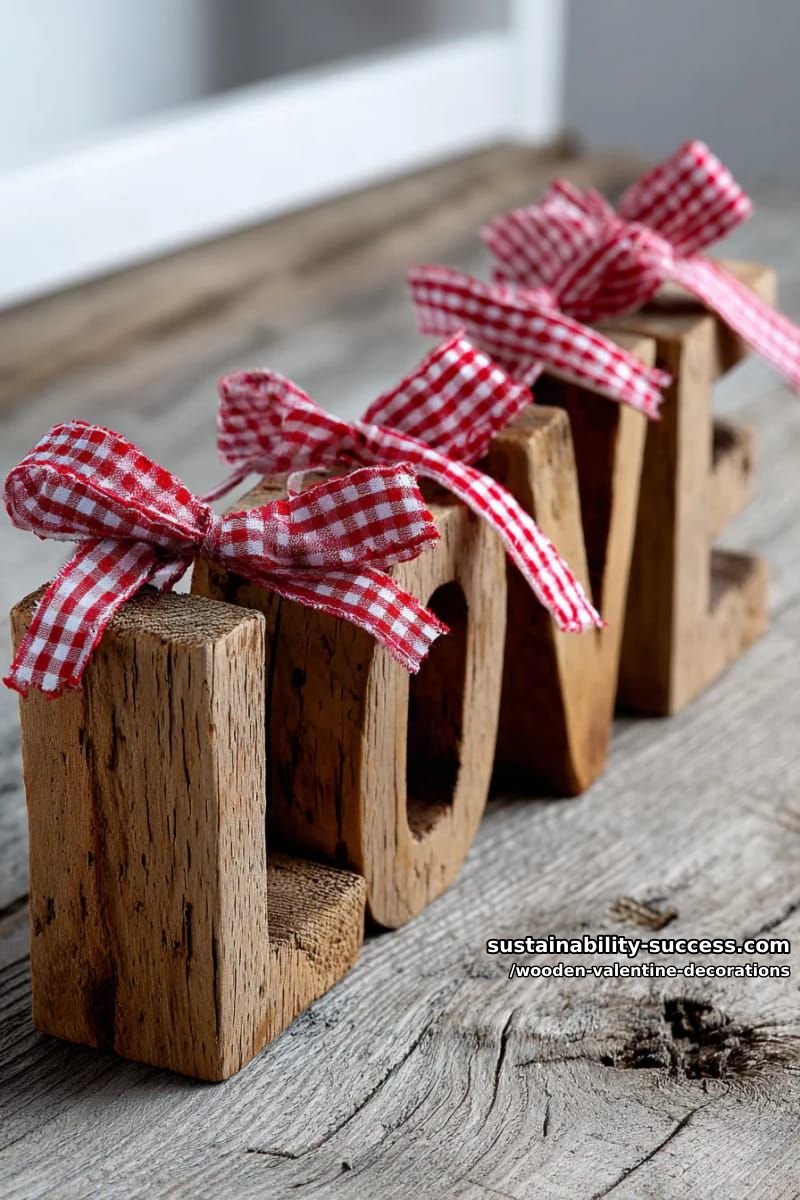15 Elegant Wooden Valentine Decorations You’ll Love 8 rustic “love” block letters with red gingham ribbon bows 1