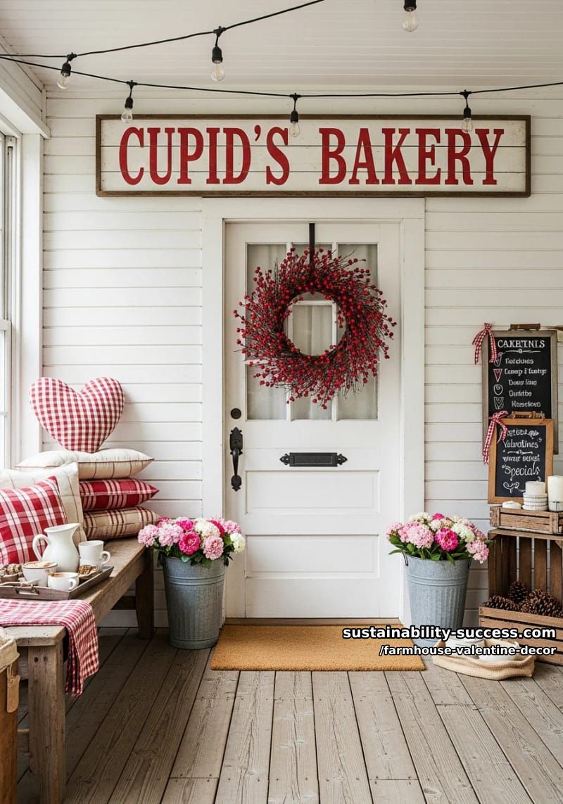 15 Must-Try Farmhouse Valentine Decor Ideas 36 rustic porch display with a “cupid’s bakery” sign and red berry wreath 1