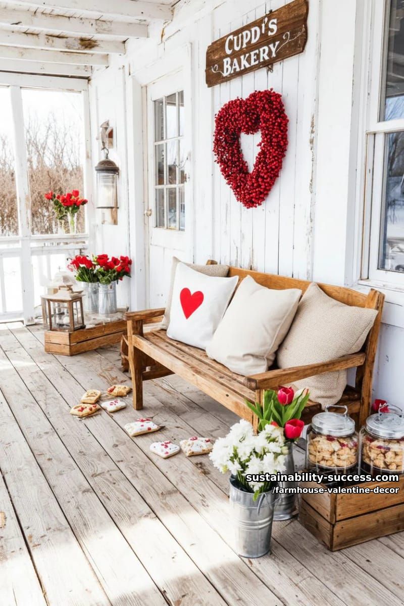 15 Must-Try Farmhouse Valentine Decor Ideas 37 rustic porch display with a “cupid’s bakery” sign and red berry wreath 1