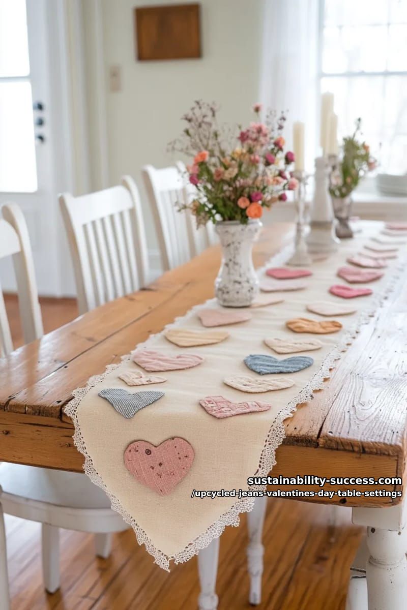 15 Trendy Upcycled Jeans Valentine Table Settings for a Romantic Vibe 16 shabby chic denim heart garland draped across the table edge 1