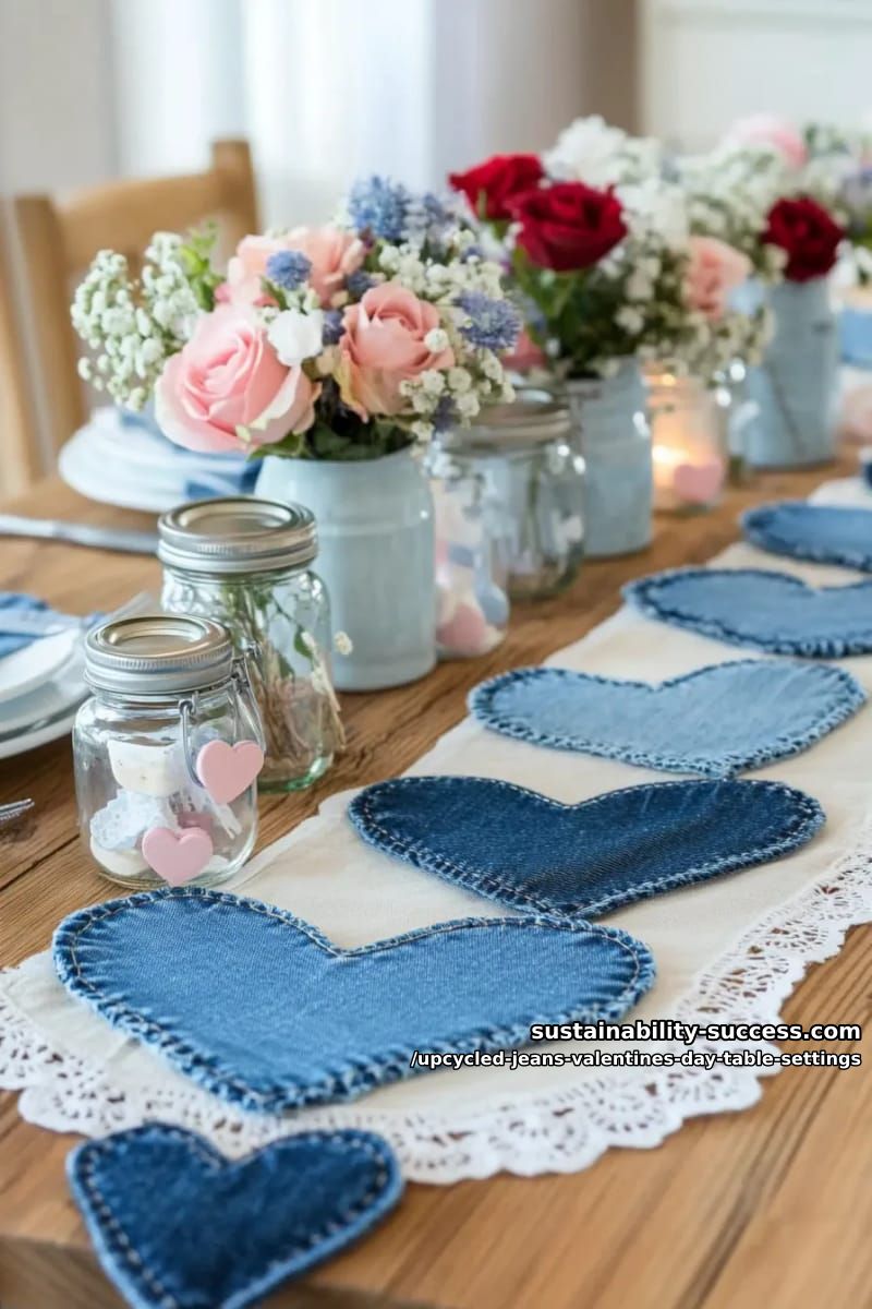 15 Trendy Upcycled Jeans Valentine Table Settings for a Romantic Vibe 17 shabby chic denim heart garland draped across the table edge 1