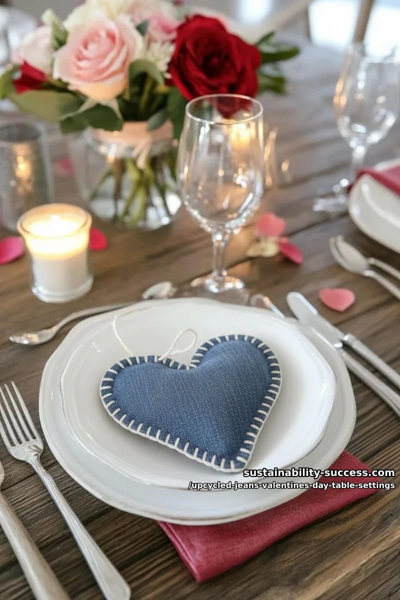 15 Trendy Upcycled Jeans Valentine Table Settings for a Romantic Vibe 20 small frayed denim hearts as place cards tied to wine glasses 1