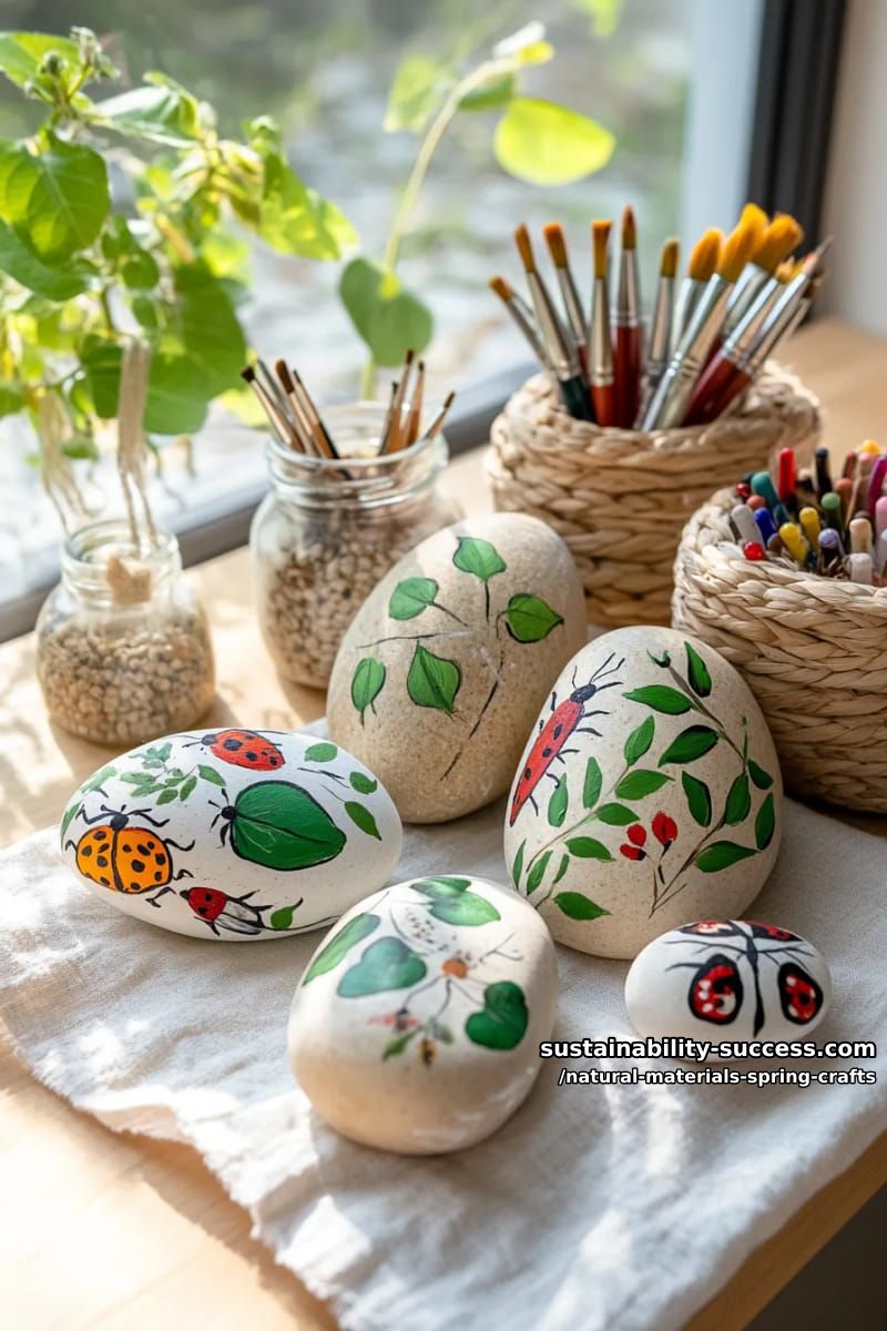 story stones painted with leaves, bugs, and birds for springtime play 1