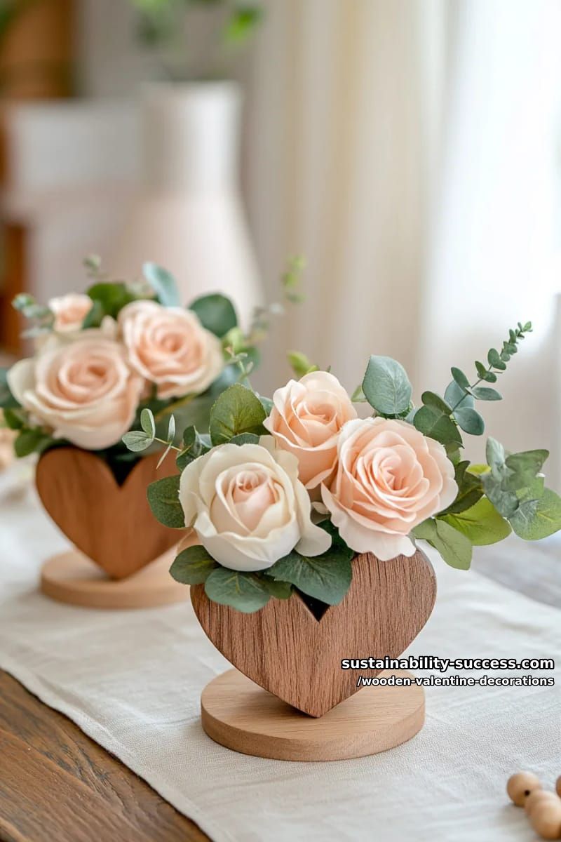 15 Elegant Wooden Valentine Decorations You’ll Love 25 trio of heart-shaped stands holding faux roses and greenery 1