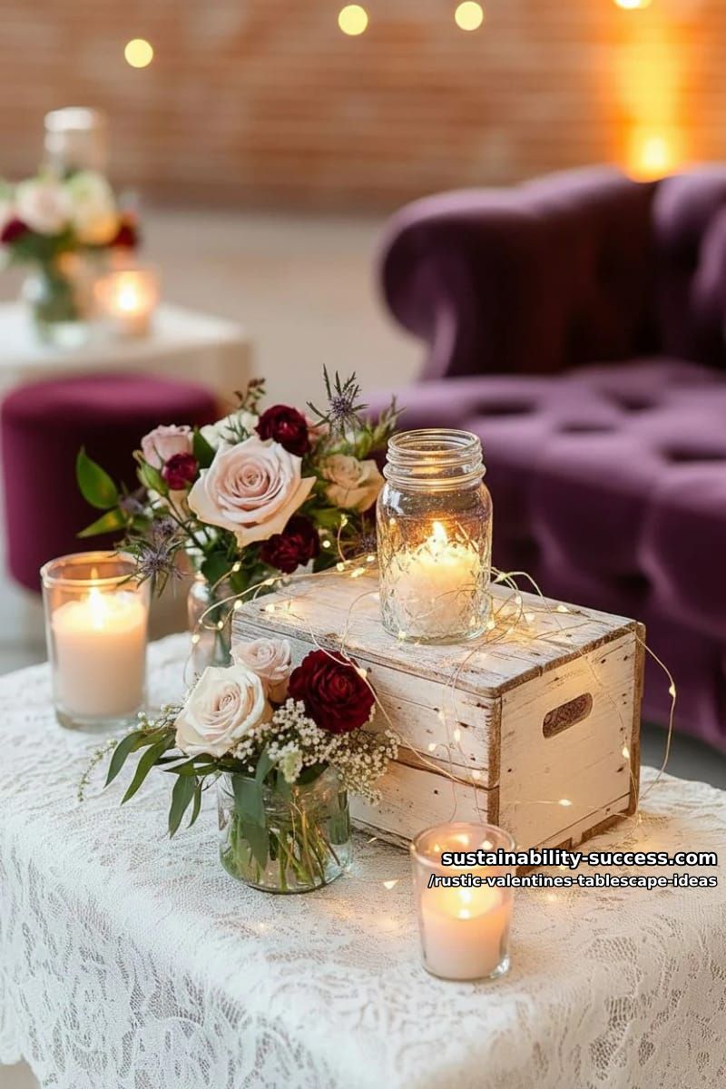 twinkle lights draped around rustic crates set with velvet cushions 1