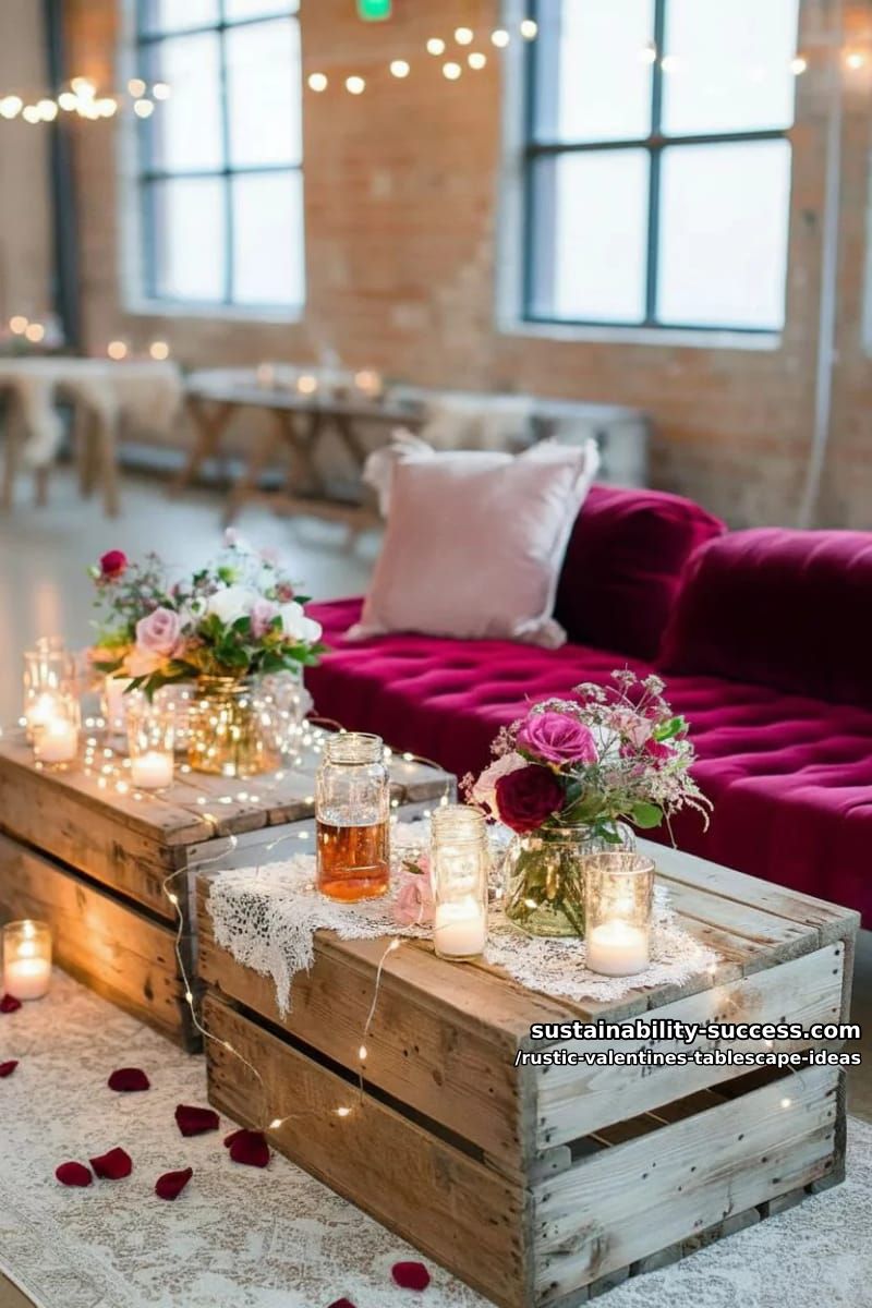 twinkle lights draped around rustic crates set with velvet cushions 1