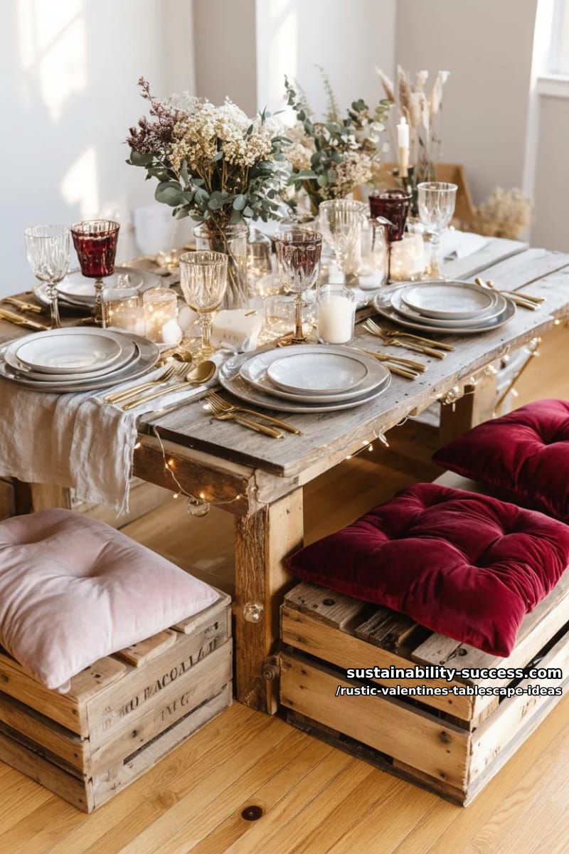 twinkle lights draped around rustic crates set with velvet cushions 1