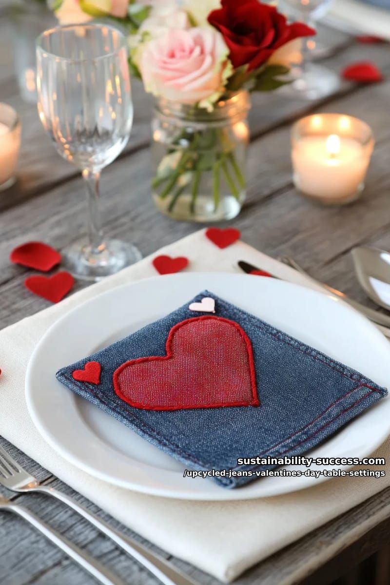 Sustainable Lifestyle Articles 3 upcycled jean pocket cutlery sleeves with stitched red heart embellishments 10