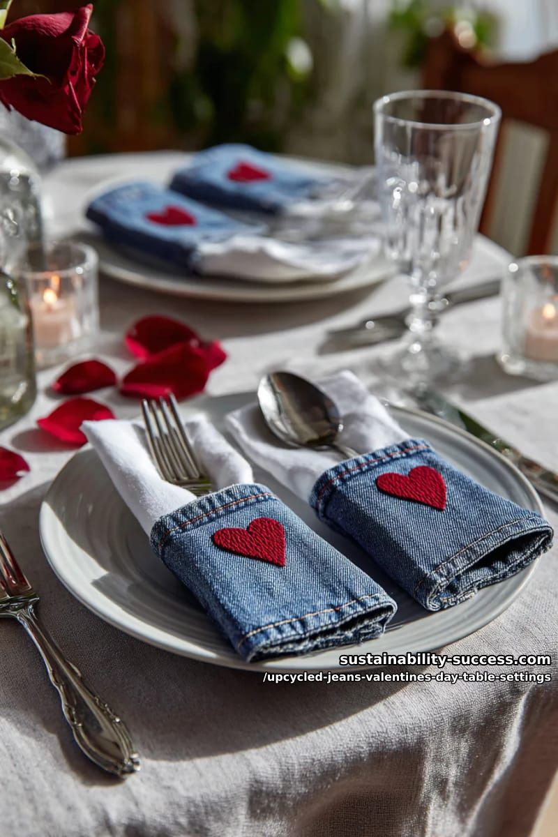 15 Trendy Upcycled Jeans Valentine Table Settings for a Romantic Vibe 10 upcycled jean pocket cutlery sleeves with stitched red heart embellishments 1