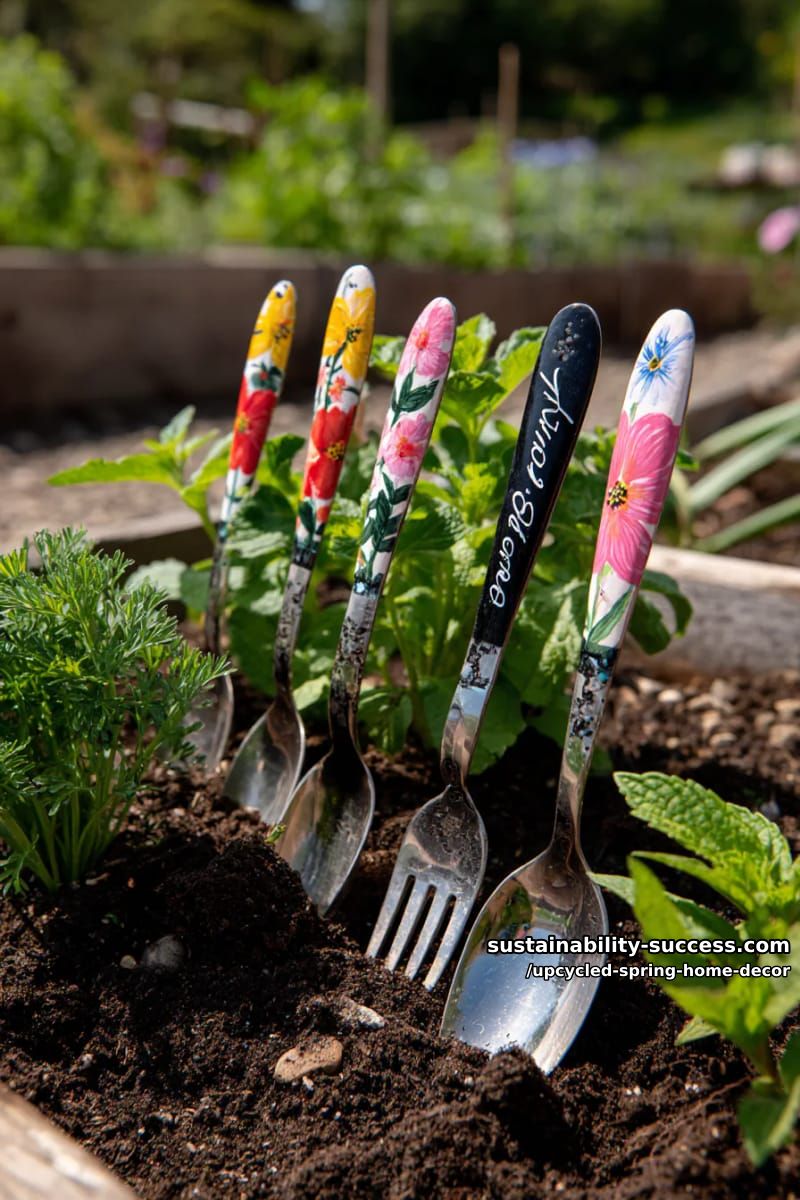 upcycled spoons and forks as decorative garden plant markers with painted flowers 1