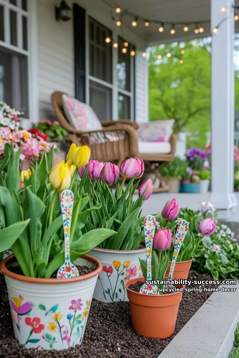 upcycled spoons and forks as decorative garden plant markers with painted flowers 1