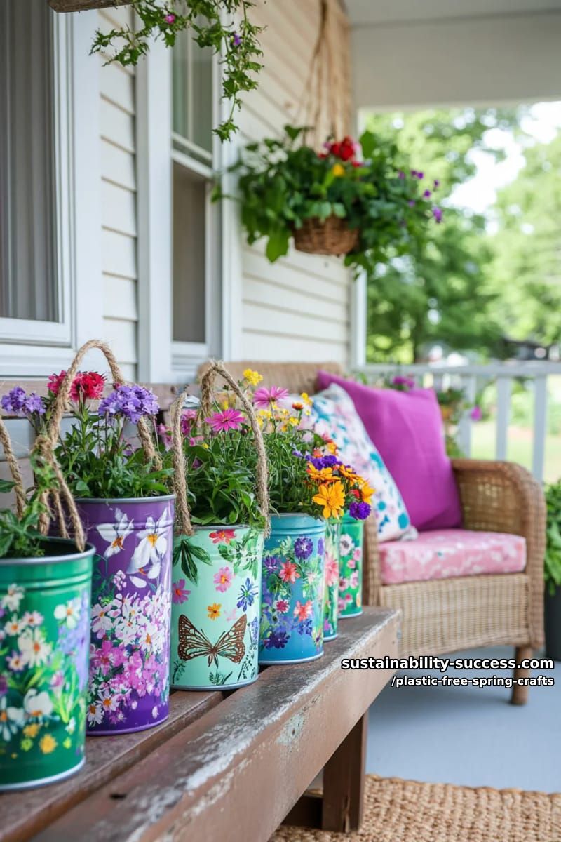 upcycled tin can planters with hand-painted springtime scenes and jute handles 1