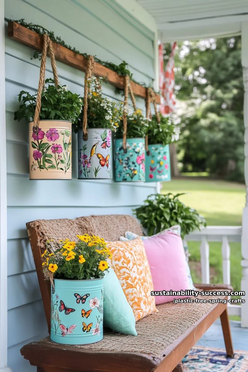 upcycled tin can planters with hand-painted springtime scenes and jute handles 1
