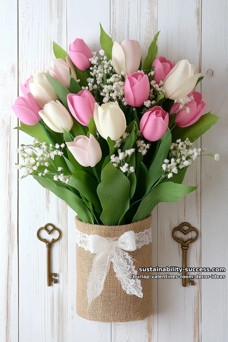 Sustainable Lifestyle Articles 8 vintage-inspired burlap bouquet holder filled with faux tulips and greenery 27