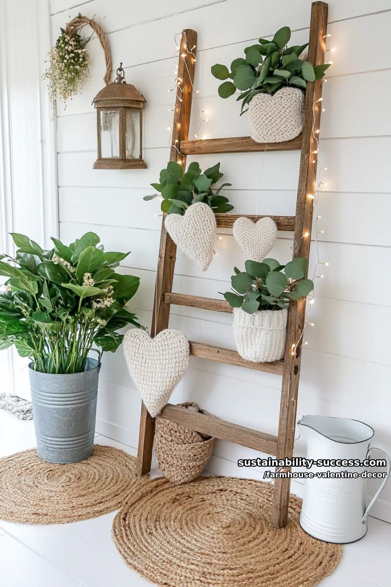 15 Must-Try Farmhouse Valentine Decor Ideas 21 weathered wooden ladder decorated with cozy heart garlands and fairy lights 1