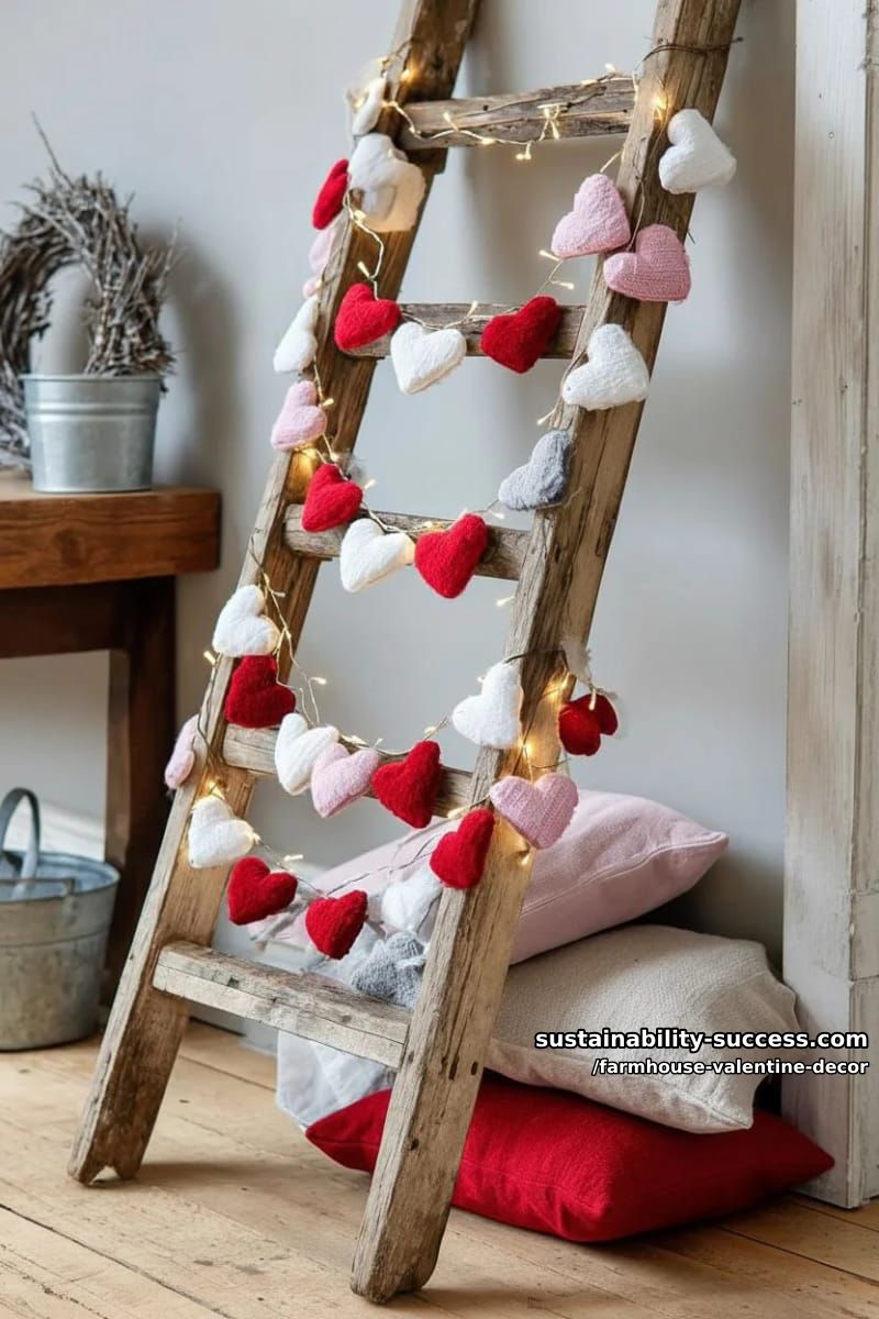 15 Must-Try Farmhouse Valentine Decor Ideas 22 weathered wooden ladder decorated with cozy heart garlands and fairy lights 1