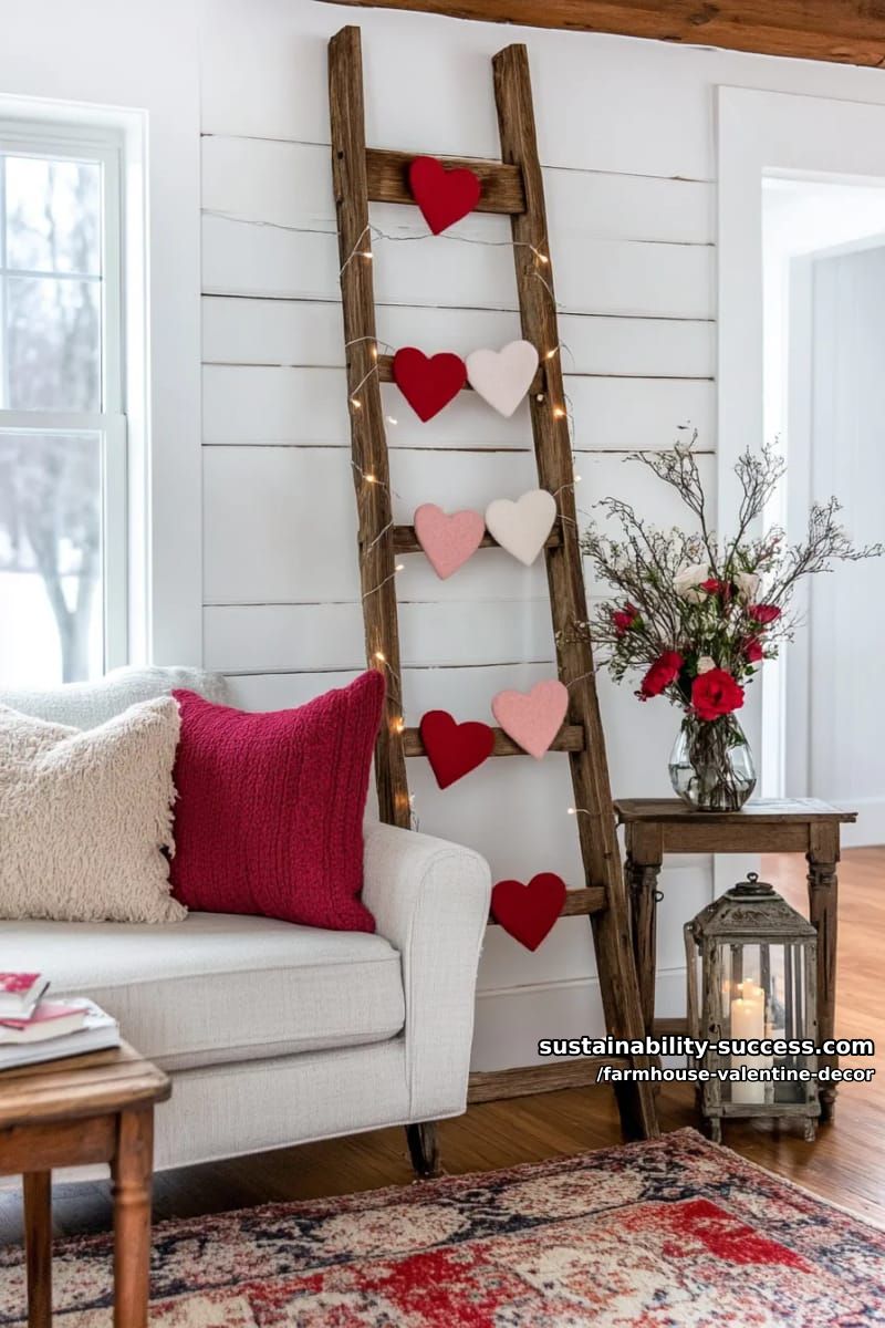 15 Must-Try Farmhouse Valentine Decor Ideas 23 weathered wooden ladder decorated with cozy heart garlands and fairy lights 1