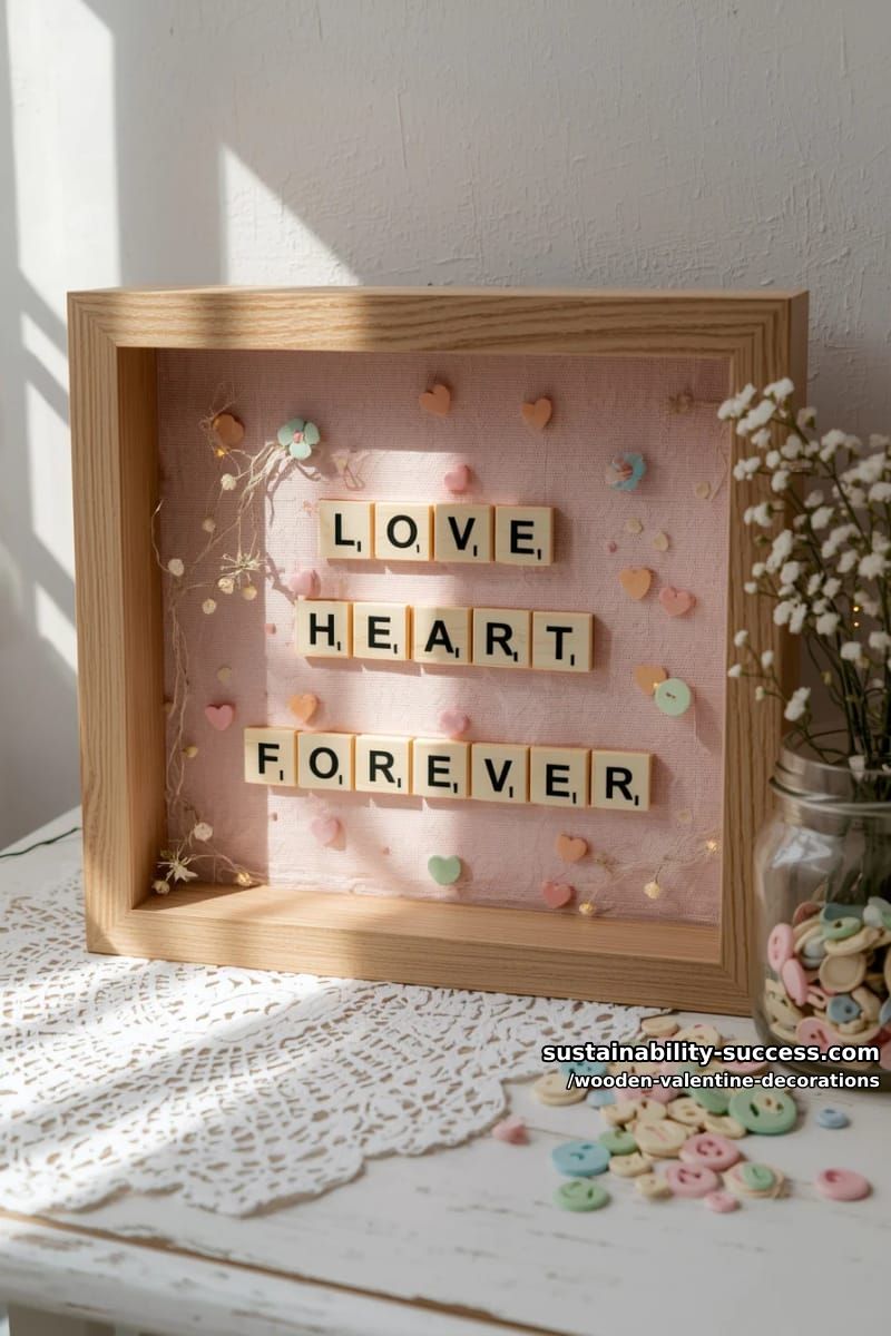 15 Elegant Wooden Valentine Decorations You’ll Love 31 wooden framed shadow box with love-themed scrabble tiles 1
