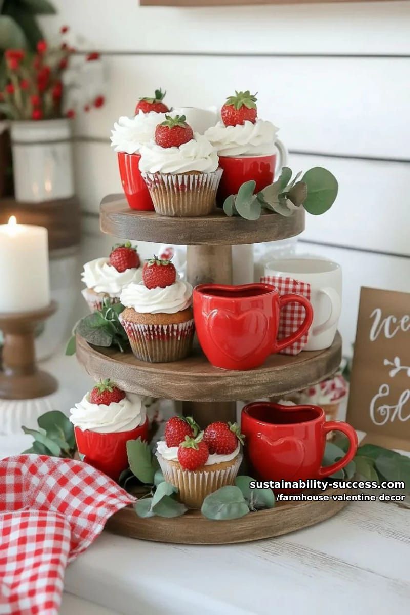 15 Must-Try Farmhouse Valentine Decor Ideas 30 wooden tiered tray piled with mini heart mugs, cupcakes, and faux strawberries 1