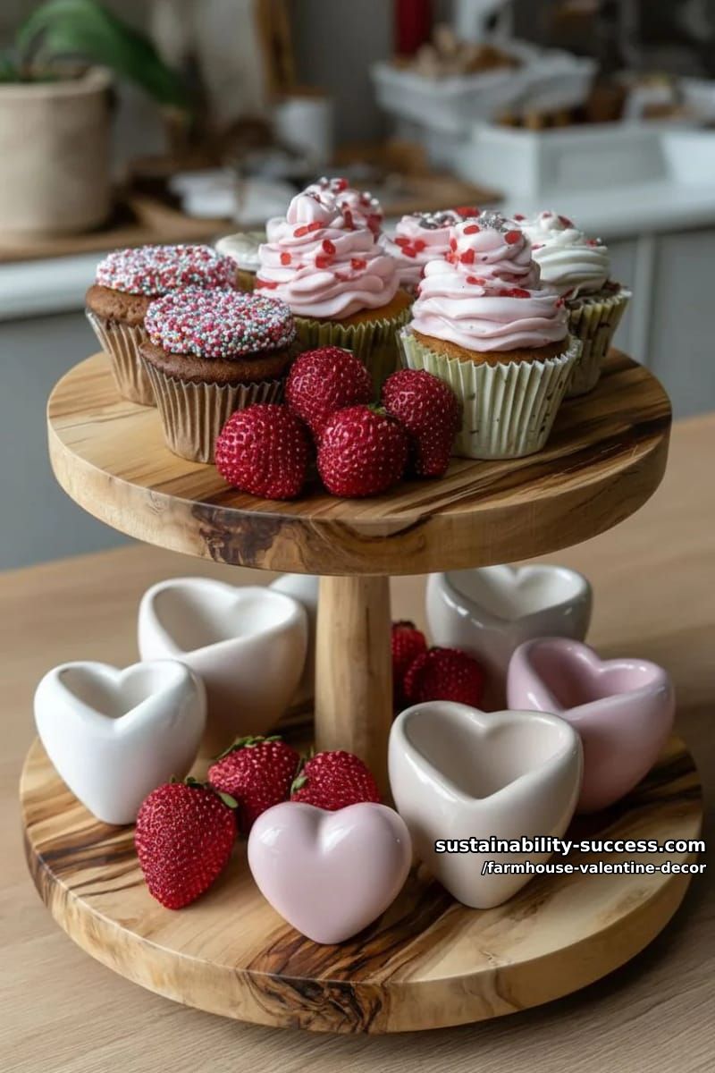 15 Must-Try Farmhouse Valentine Decor Ideas 31 wooden tiered tray piled with mini heart mugs, cupcakes, and faux strawberries 1