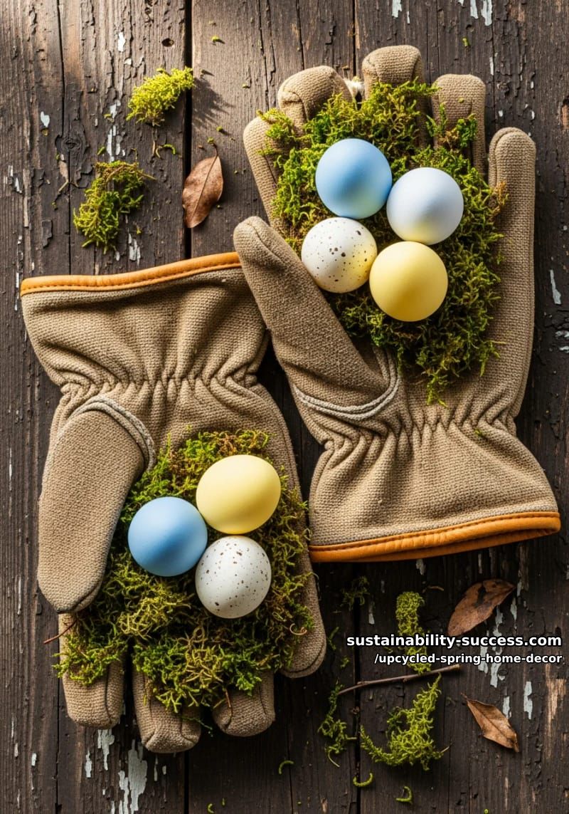 worn garden gloves filled with moss and faux eggs for a quirky accent 1