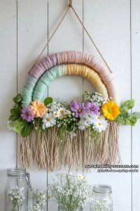 yarn-wrapped twig rainbow wall art for cheerful spring decor 25
