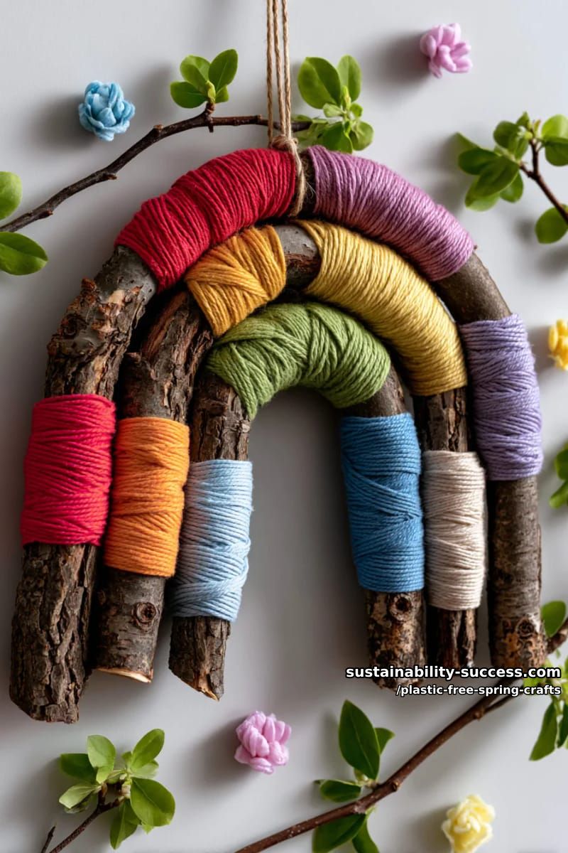 yarn-wrapped twig rainbow wall art for cheerful spring decor 1