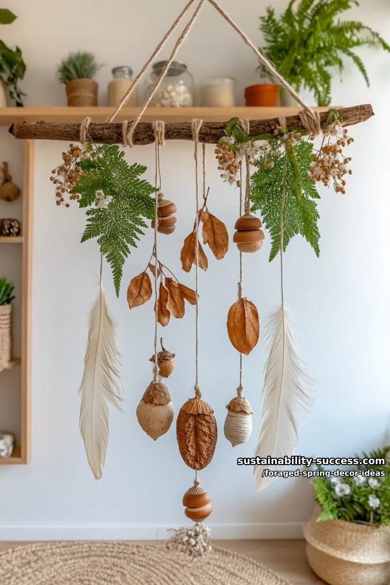 acorn and oak leaf mobile with found feathers for boho spring vibes 1
