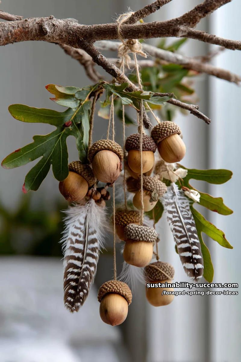 acorn and oak leaf mobile with found feathers for boho spring vibes 1