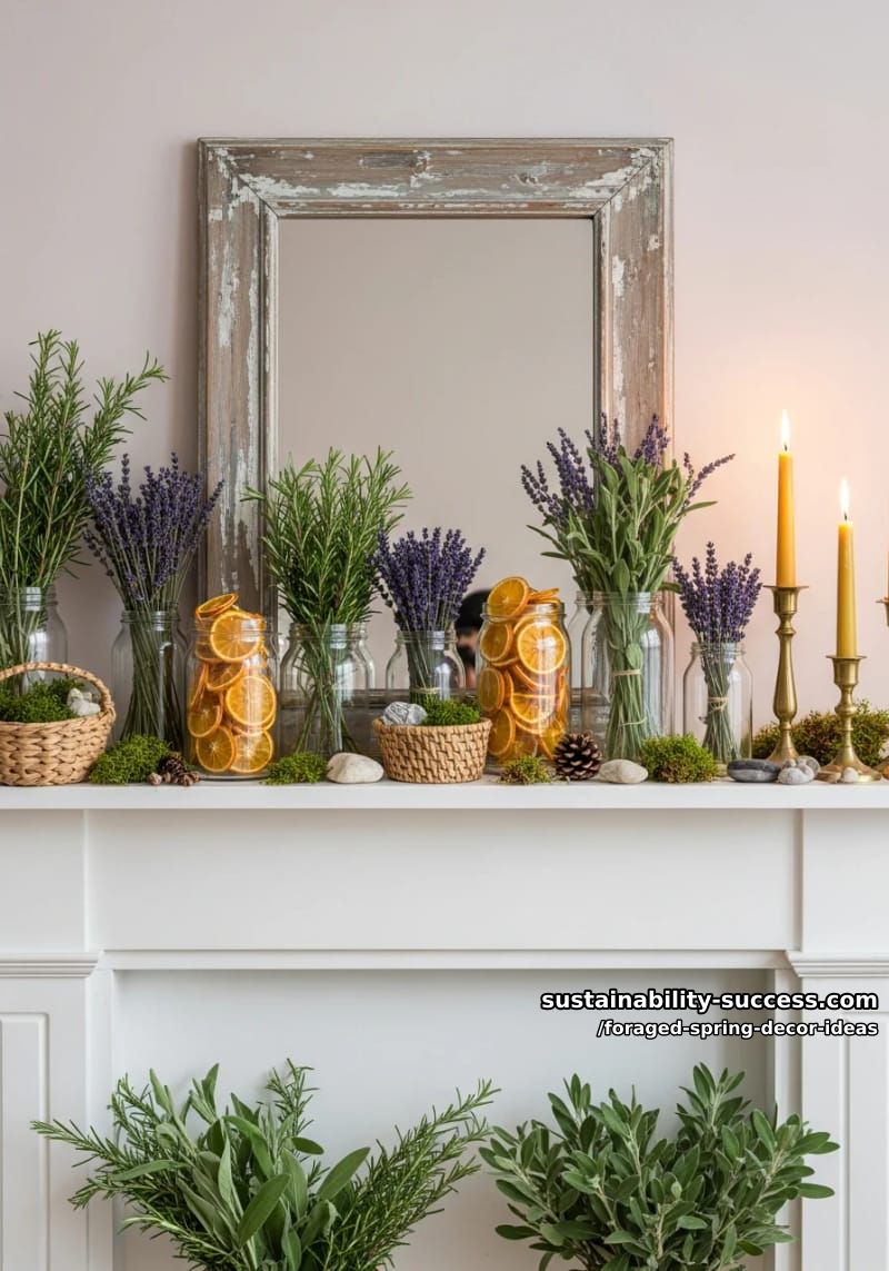 arrangements of dried orange slices, lavender, and foraged herbs on the mantel 1
