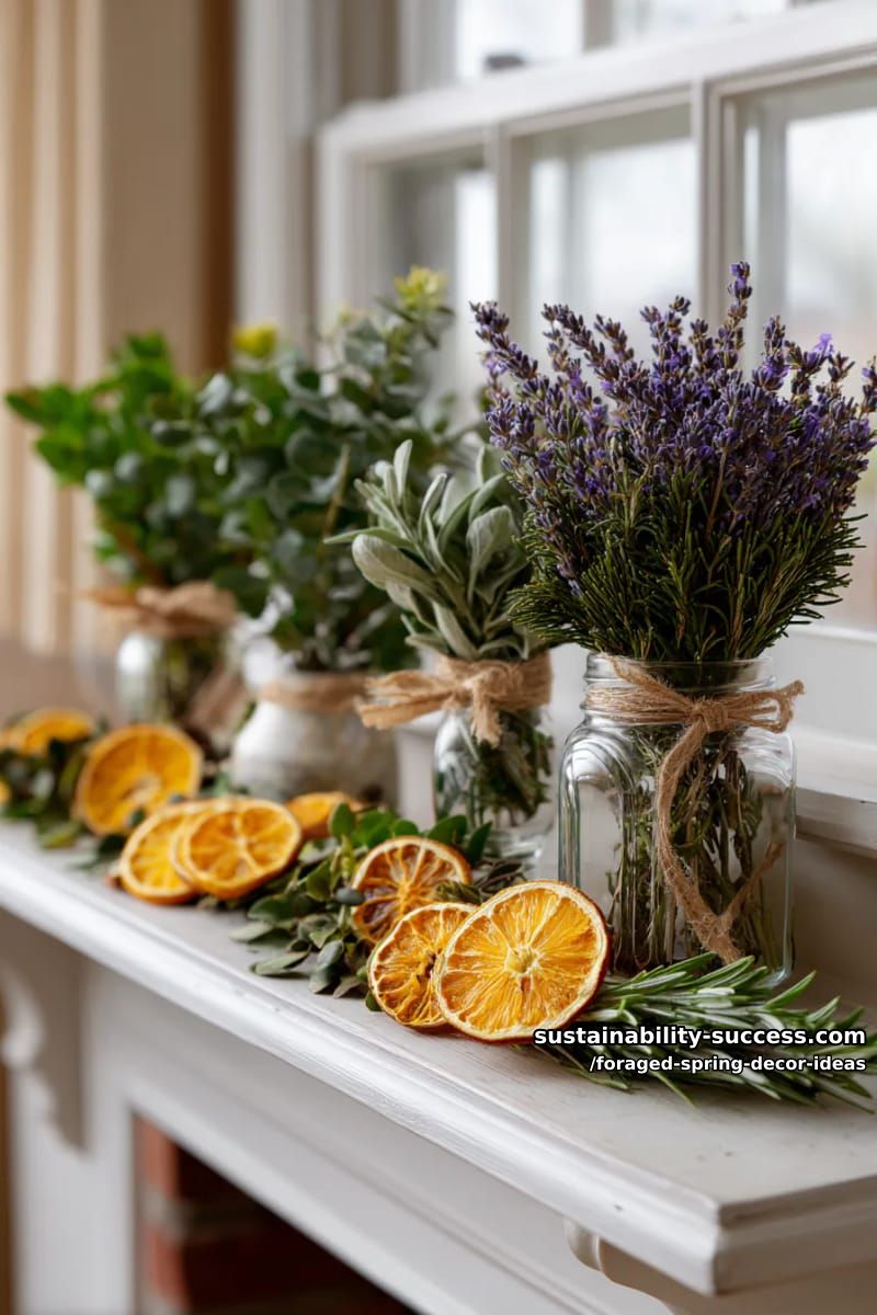 arrangements of dried orange slices, lavender, and foraged herbs on the mantel 1