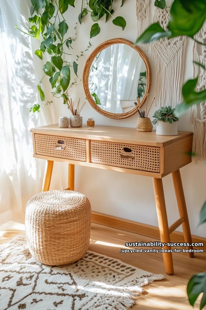 boho chic vanity from woven basket drawers and driftwood top 1