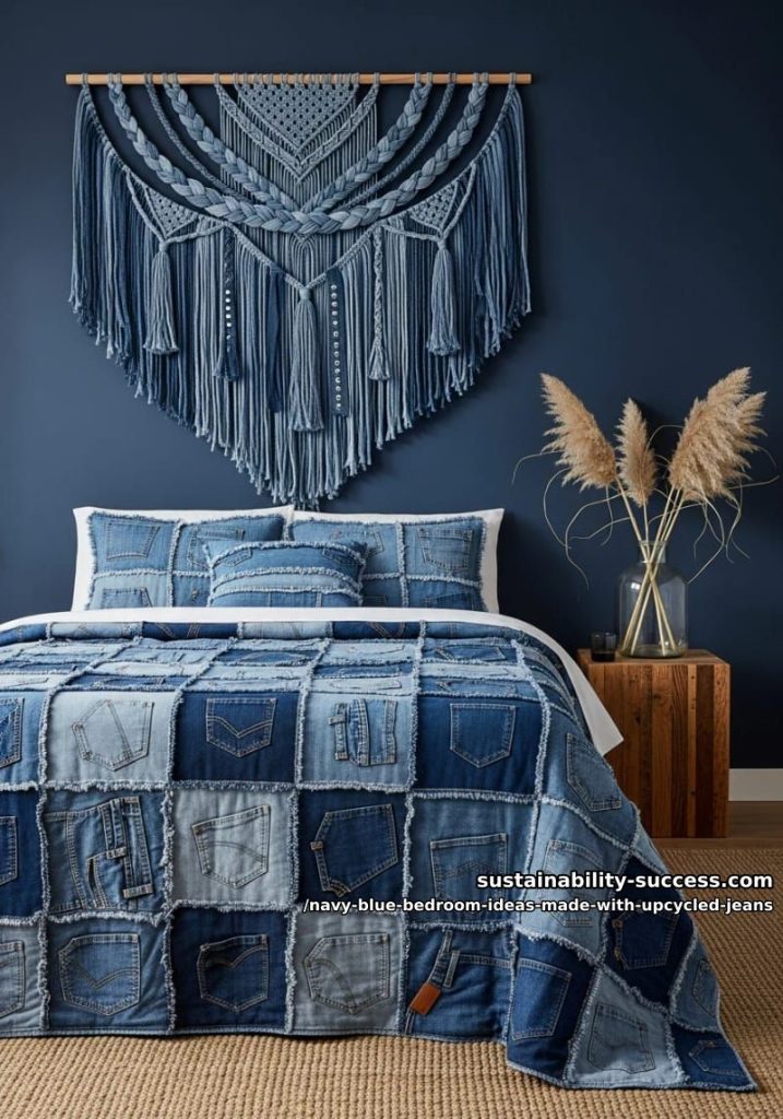 boho-inspired denim macramé wall hanging with braided tassels 43