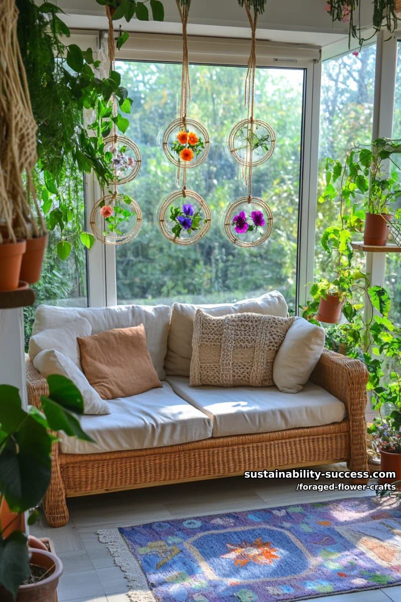boho-style floral sun catcher with pressed petals and twine hoops 1