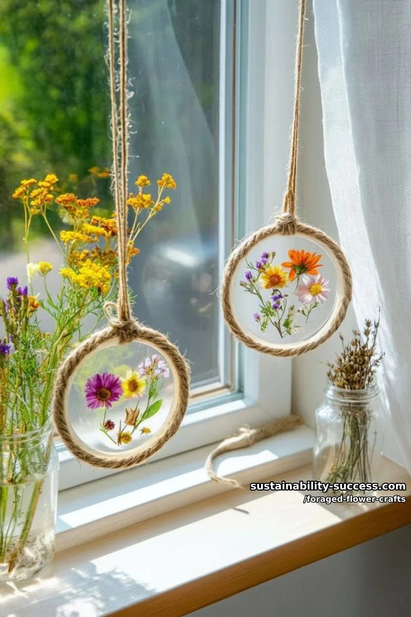 boho-style floral sun catcher with pressed petals and twine hoops 1