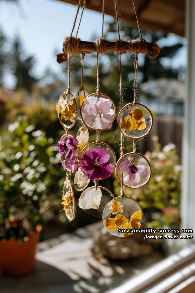 boho-style floral sun catcher with pressed petals and twine hoops 1