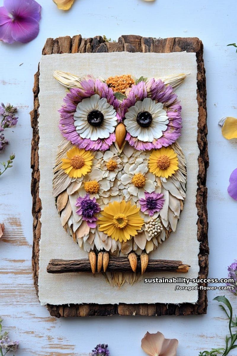 botanical owl made from pressed wildflowers and natural twigs for wall art 1