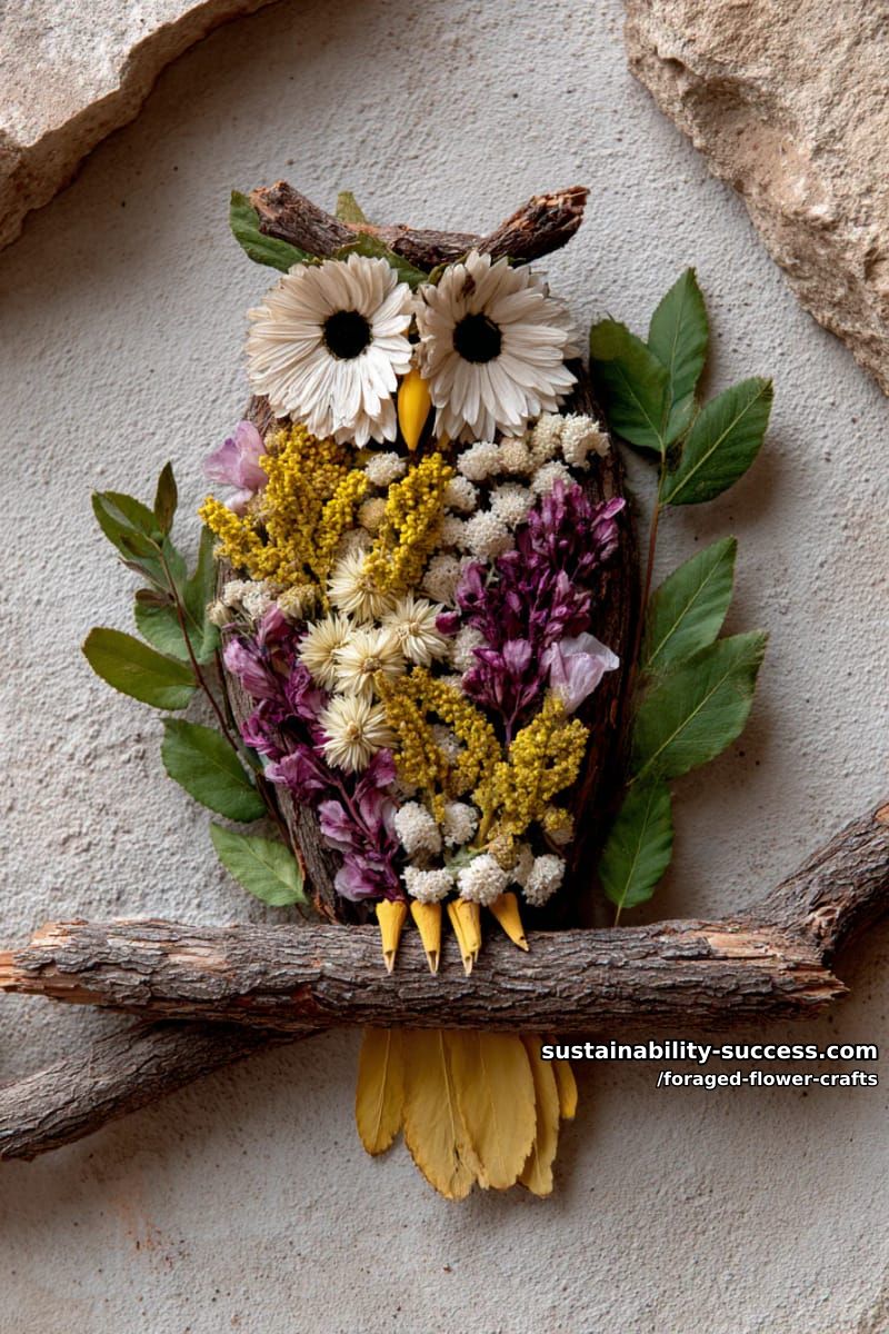 botanical owl made from pressed wildflowers and natural twigs for wall art 1