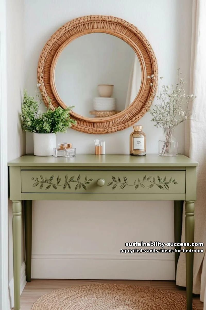 botanical-themed vanity with leaf stencil details and rattan drawer pulls 1