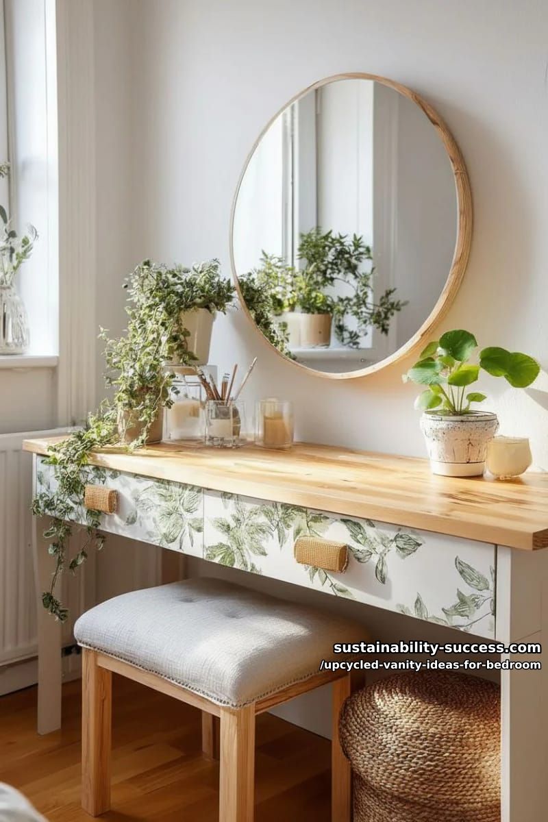 botanical-themed vanity with leaf stencil details and rattan drawer pulls 1