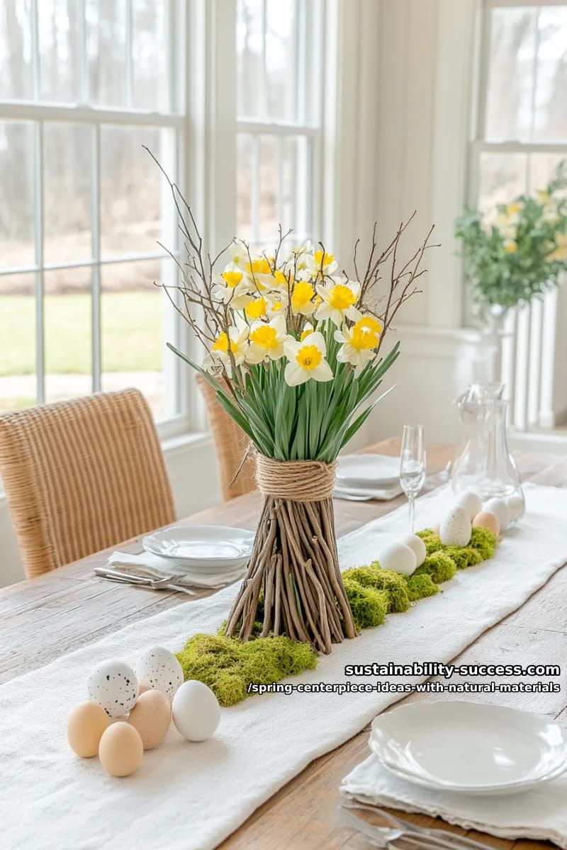 bundle of twigs tied with jute, holding daffodils upright 1