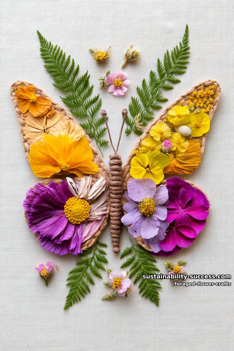 butterfly shapes crafted from layered dried petals and fern fronds 1